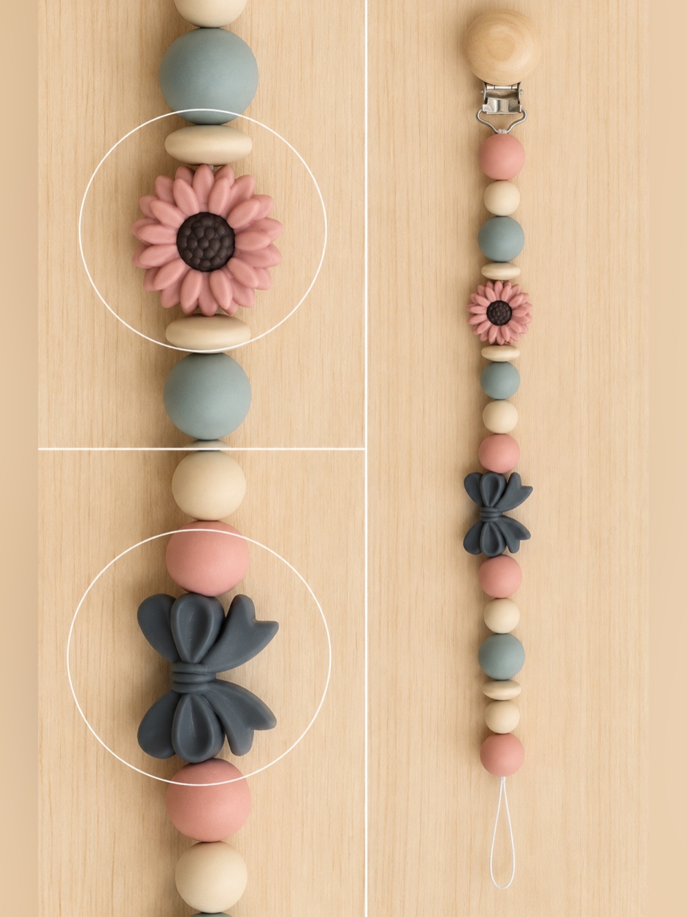 New Silicone Beaded Clip Lanyard with Bow & Sunflower - Pink, Sage, Cream, Slate